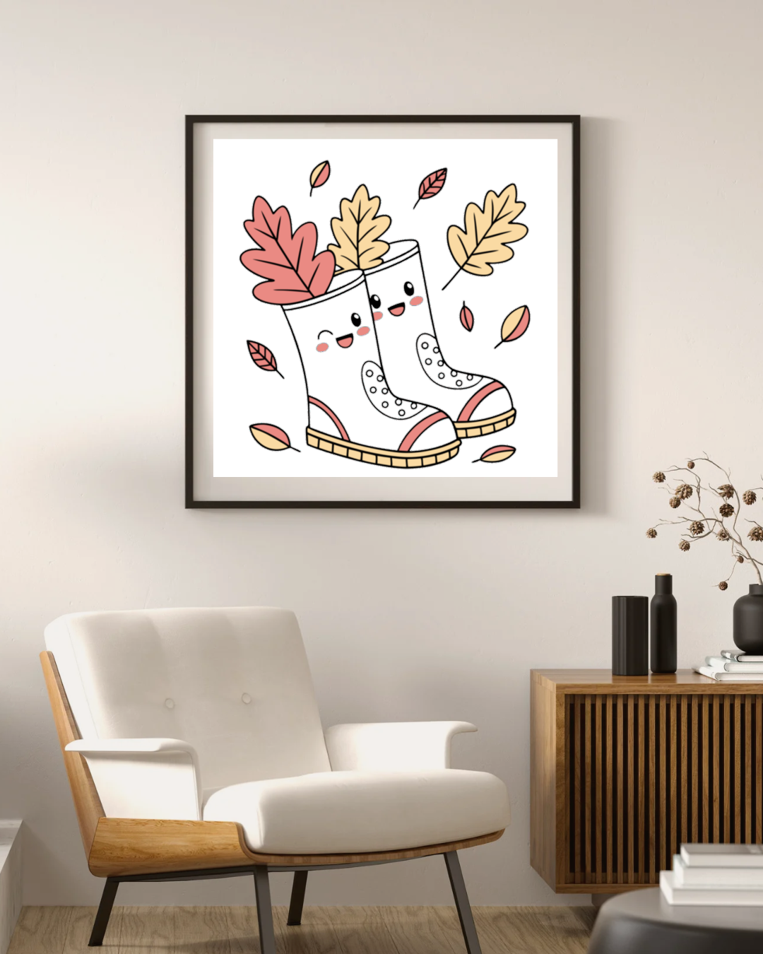 Cadre avec bottes souriantes pastel en automne, apportant élégance et chaleur