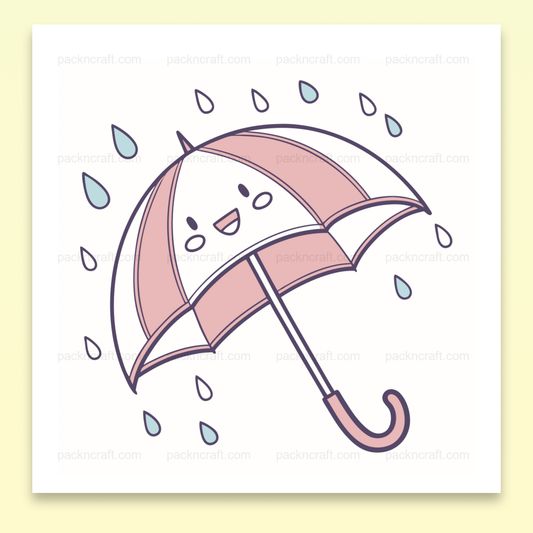 Illustration kawaii d'un parapluie souriant sous la pluie pour projets créatifs.