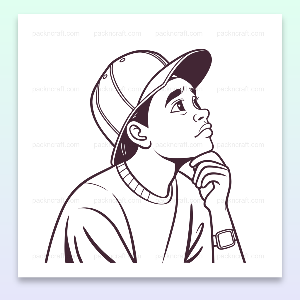 Illustration numérique d'un jeune rêveur pensif en style monochrome, idéale pour projets créatifs.