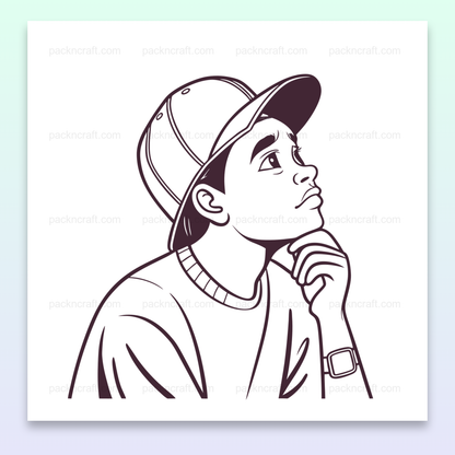Illustration numérique d'un jeune rêveur pensif en style monochrome, idéale pour projets créatifs.