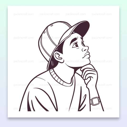 Illustration numérique d'un jeune rêveur pensif en style monochrome, idéale pour projets créatifs.