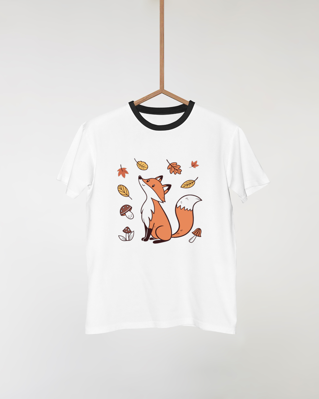 T-shirt avec renard pensif et feuilles d'automne dans un style doodle élégant