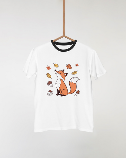 T-shirt avec renard pensif et feuilles d'automne dans un style doodle élégant