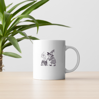 Mug décoratif avec jeune sorcier et chaudron ambiance monochrome Halloween