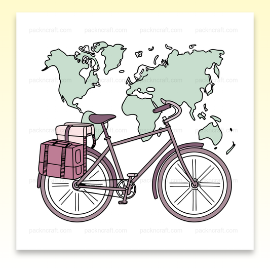 Illustration de vélo avec sacoche sur fond de carte du monde, idéale pour projets DIY