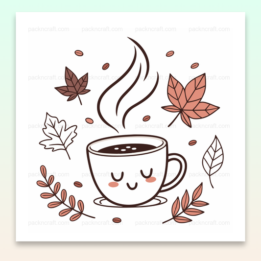 Illustration de tasse de café avec feuilles d'automne, idéale pour DIY et déco.