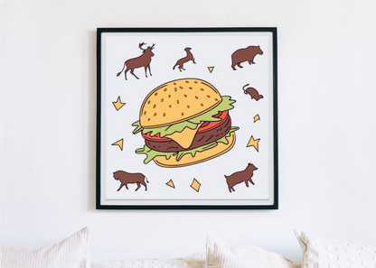 Cadre nature avec burger sauvage entouré d'animaux, style épuré et naturel
