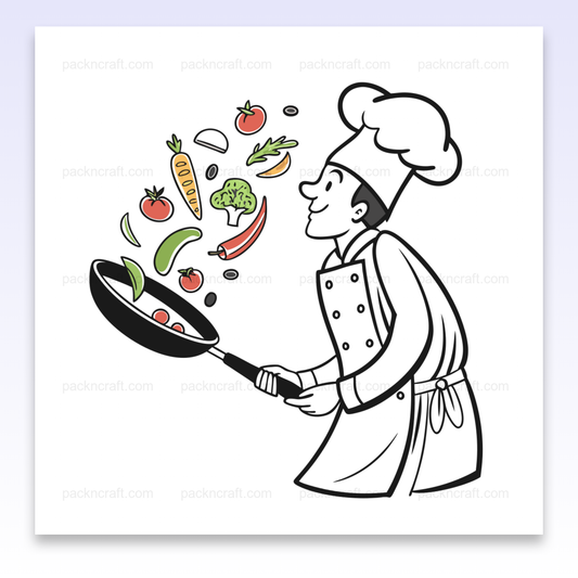 Illustration vectorielle de cuisine avec un chef jonglant des légumes, Design pour T-shirt avec chef jouant avec des légumes frais, Image pour mug montrant un chef créatif en action culinaire, Poster artistique montrant un chef en duo avec des légumes volants, Sticker humoristique offrant un chef en plein exercice culinaire