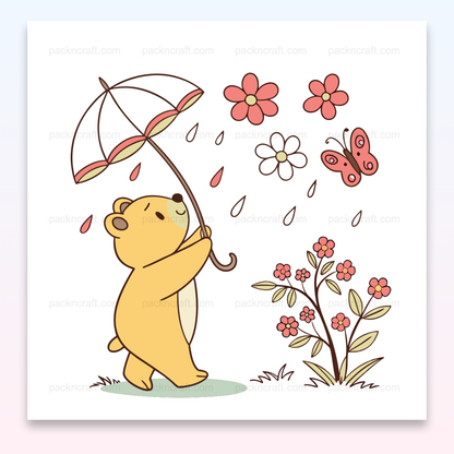 Illustration d'un ours joyeux sous un parapluie, fleurs et papillon, style pastel et kawaii.