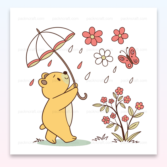 Illustration d'un ours joyeux sous un parapluie, fleurs et papillon, style pastel et kawaii.