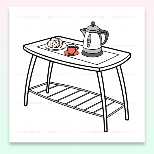 Illustration numérique de table avec théière et biscuits, idéal pour projets DIY et déco.