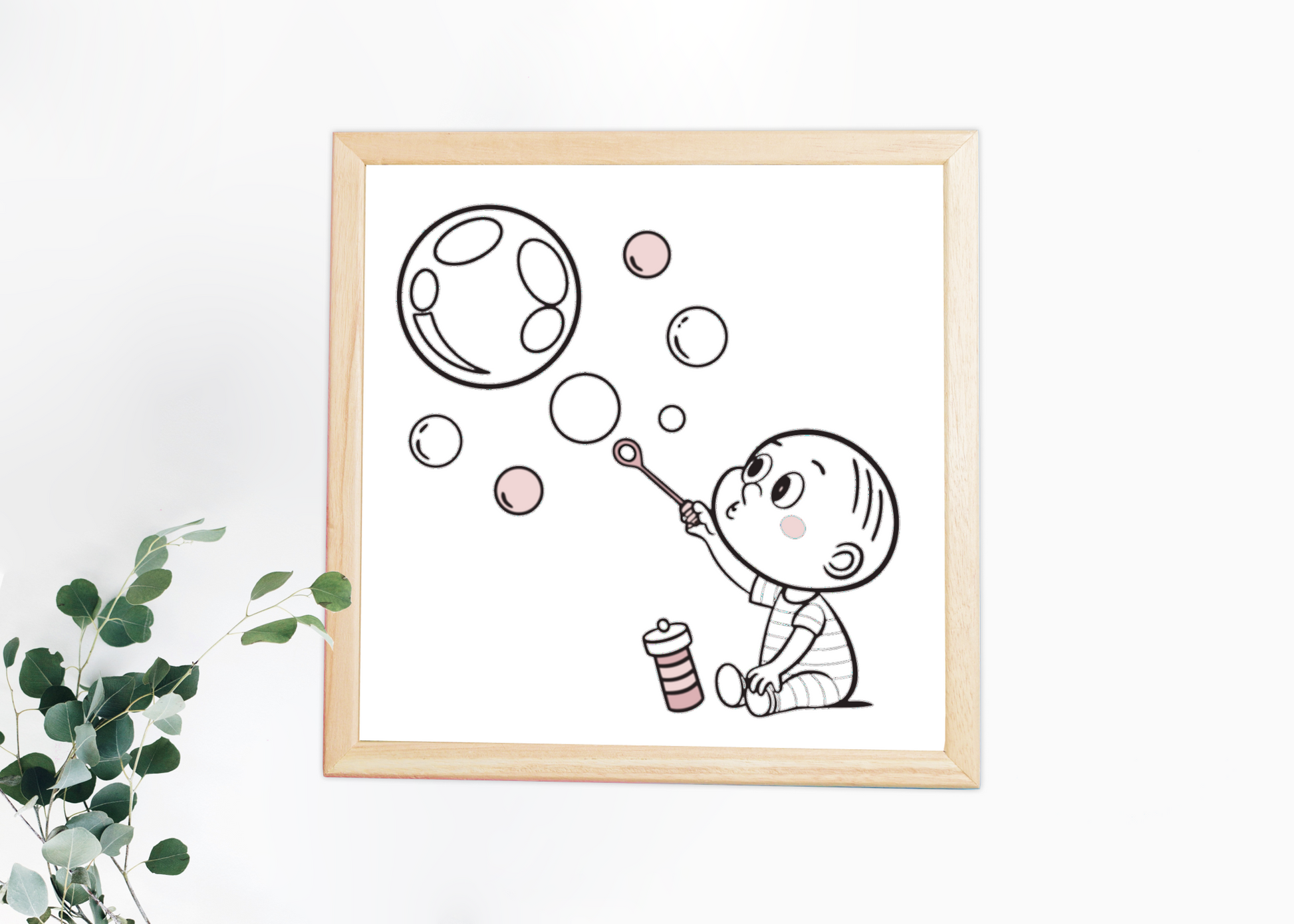 Cadre avec illustration vintage enfant jouant avec des bulles, style décoratif.