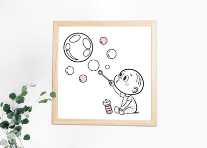 Cadre avec illustration vintage enfant jouant avec des bulles, style décoratif.
