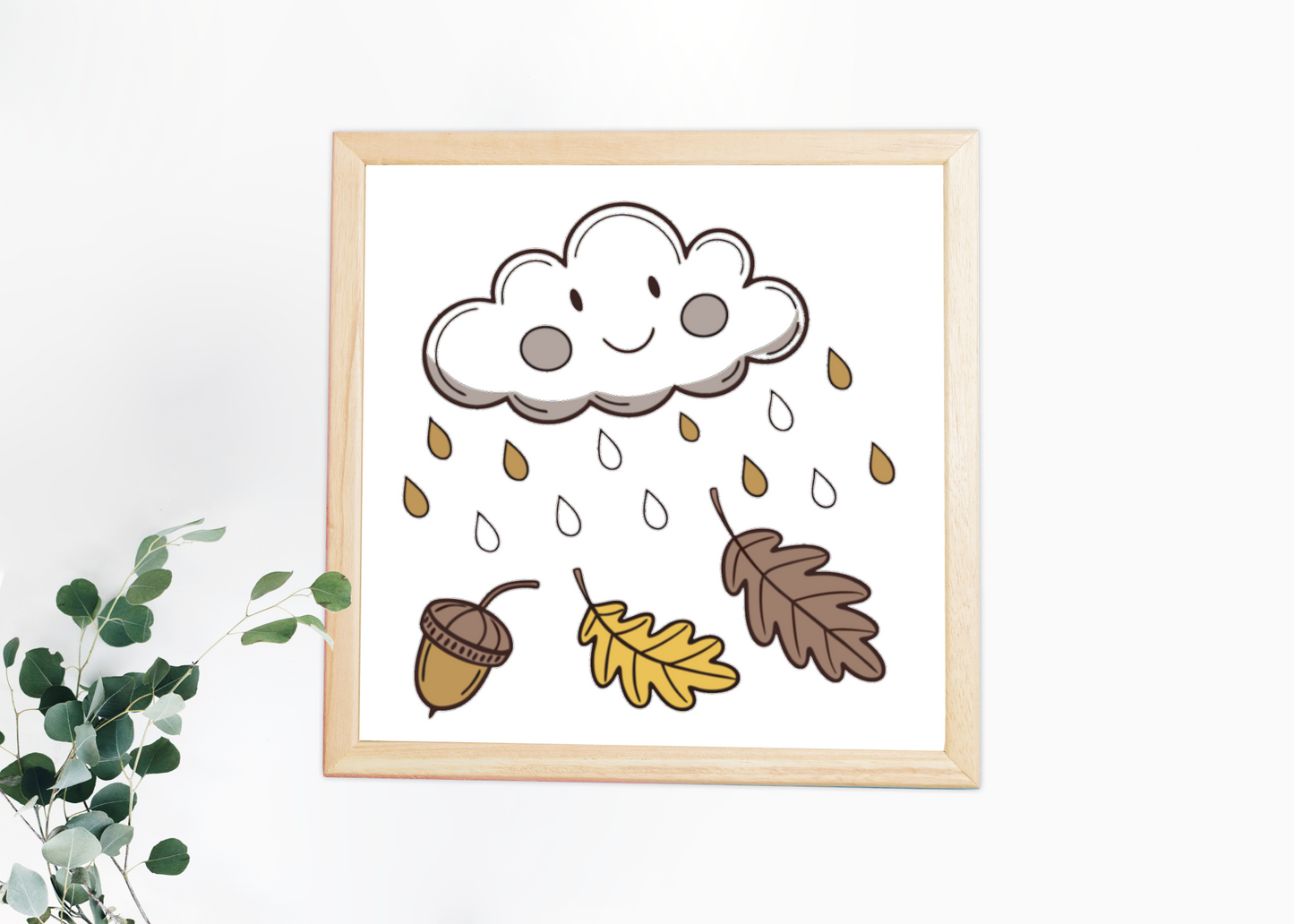 Cadre avec nuage souriant sous la pluie dans un style automnal épuré