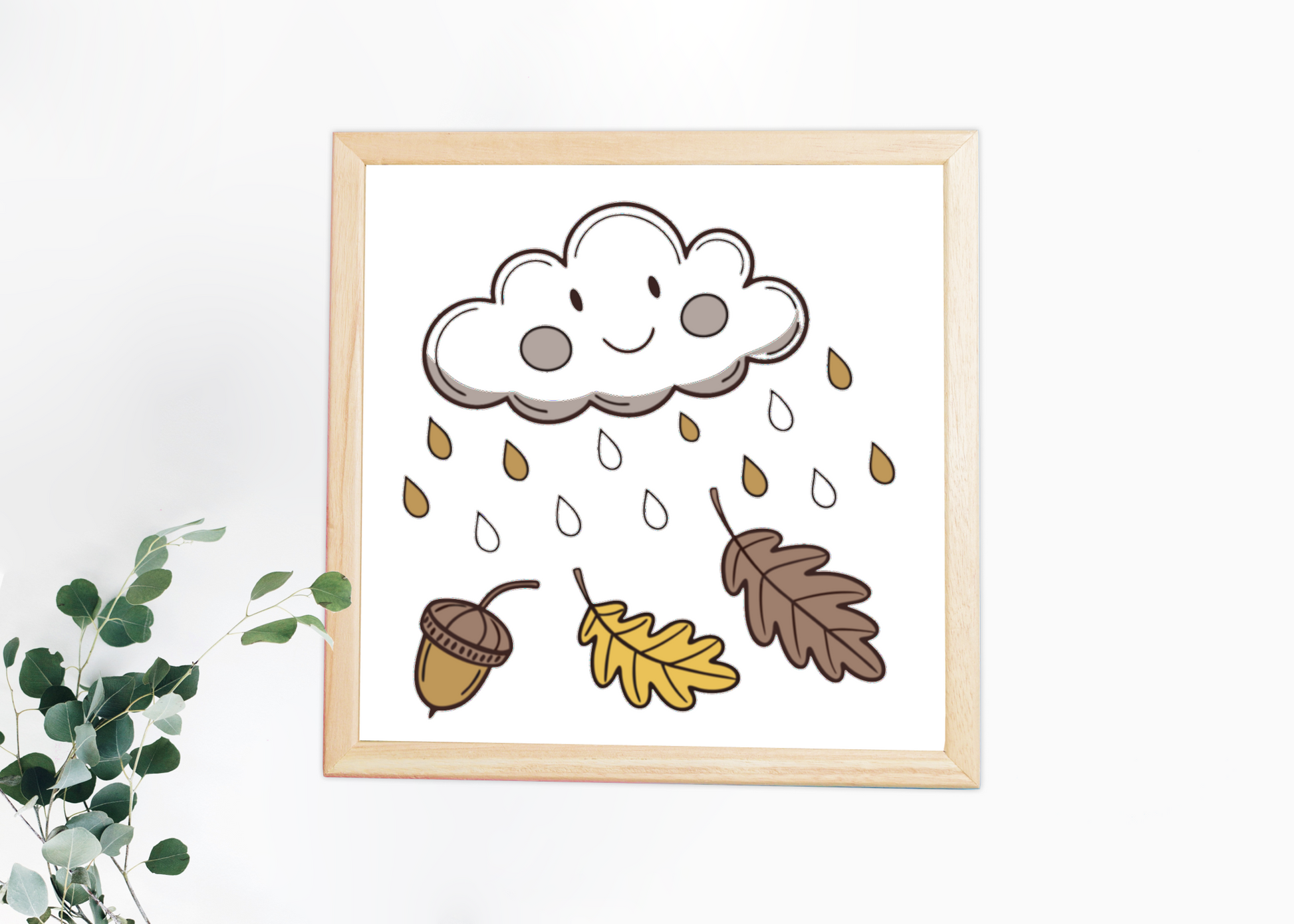 Cadre avec nuage souriant sous la pluie dans un style automnal épuré