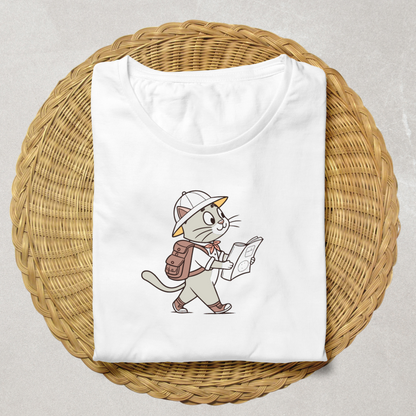 T-shirt orné d'un chat explorateur vintage lisant avec style éducatif et rétro