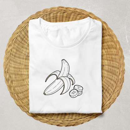 T-shirt avec une icône stylisée de banane épelée, ambiance minimaliste et gourmande