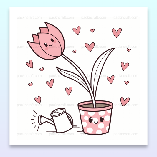 Illustration de tulipe souriante dans un pot à pois, fichier numérique pour DIY et déco.