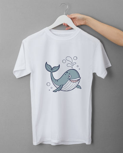 T-shirt avec doodle baleine joyeuse flottant dans un océan aux bulles décoratives