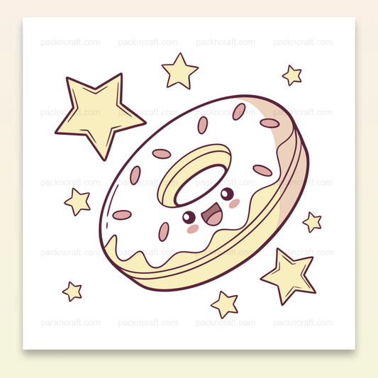 Illustration d'un donut joyeux flottant avec des étoiles, style kawaii.
