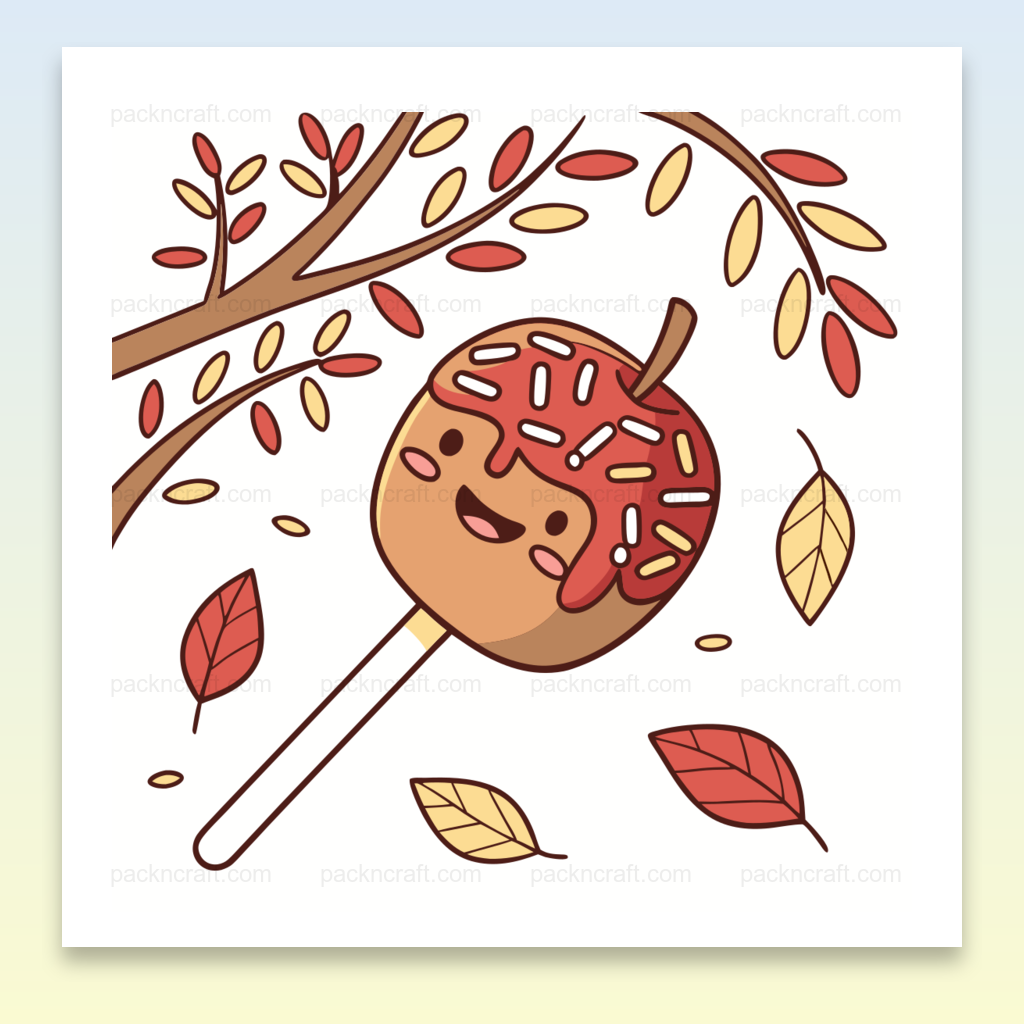 Illustration kawaii de pomme caramel heureuse avec décor automnal, idéale pour projets DIY.