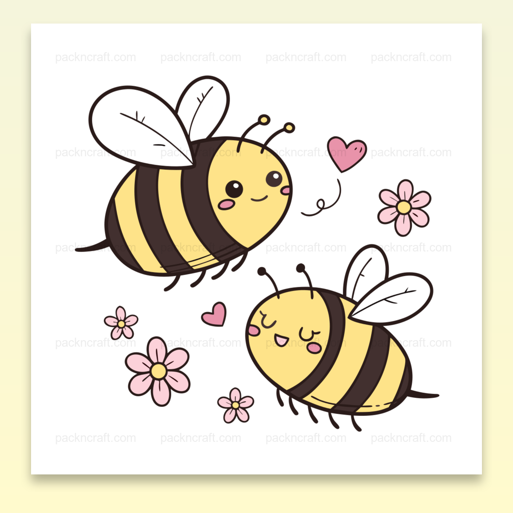Illustration kawaii d'abeilles joyeuses avec fleurs, idéale pour projets DIY et papeterie