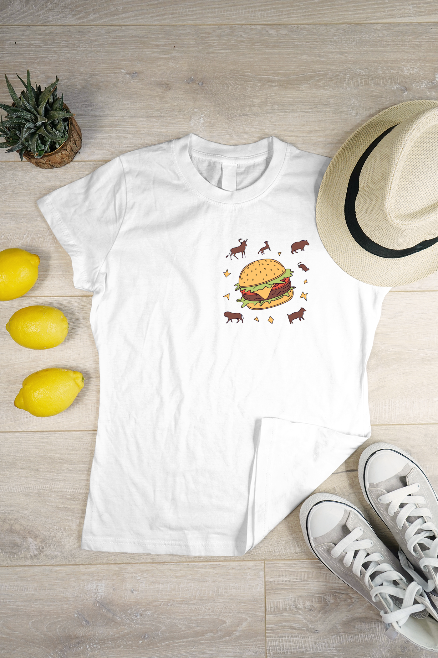 T-shirt avec icône de burger et animaux en forêt, ambiance naturelle et sauvage