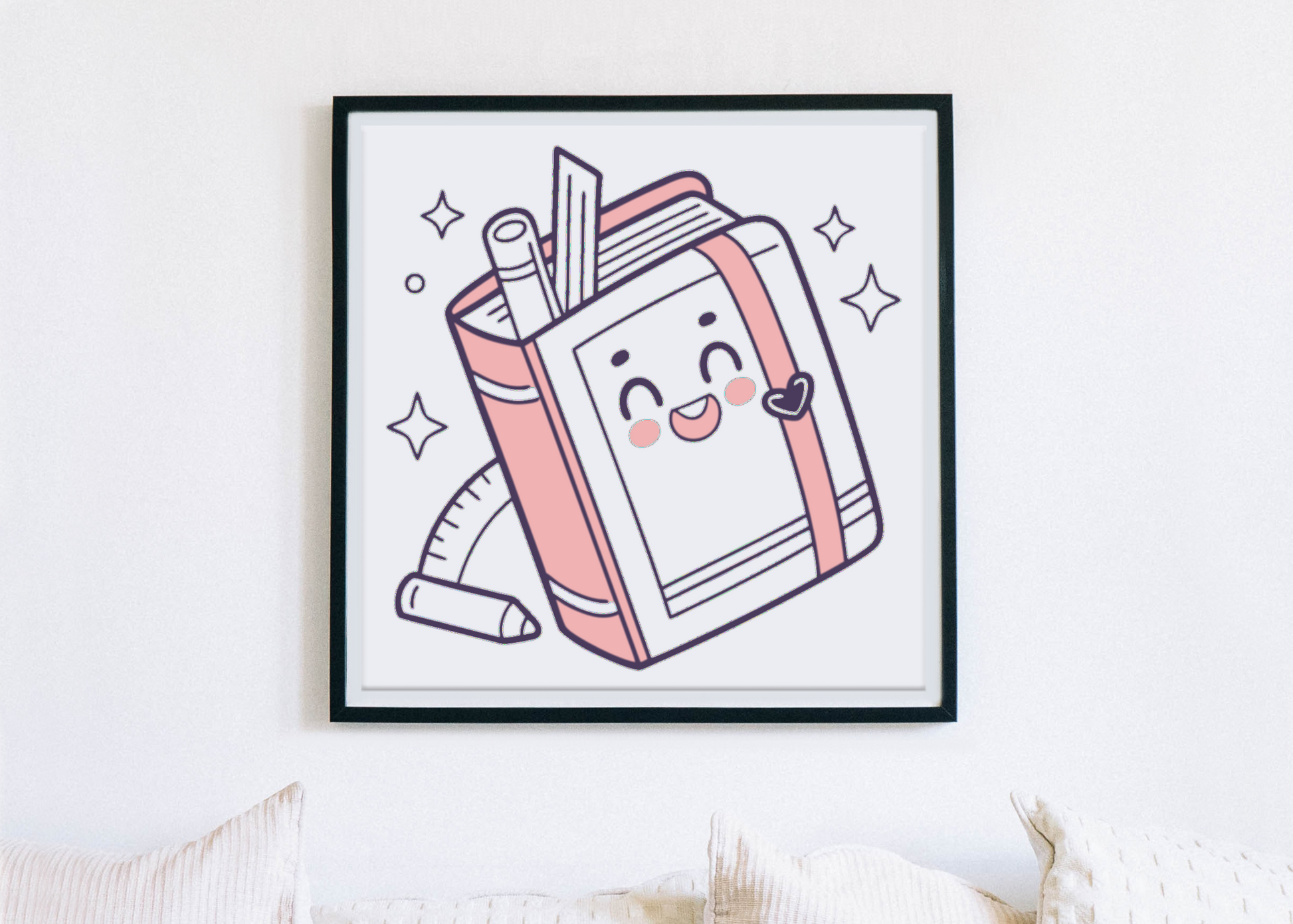 Cadre décoratif avec design kawaii de cahier et crayon pour une touche éducative