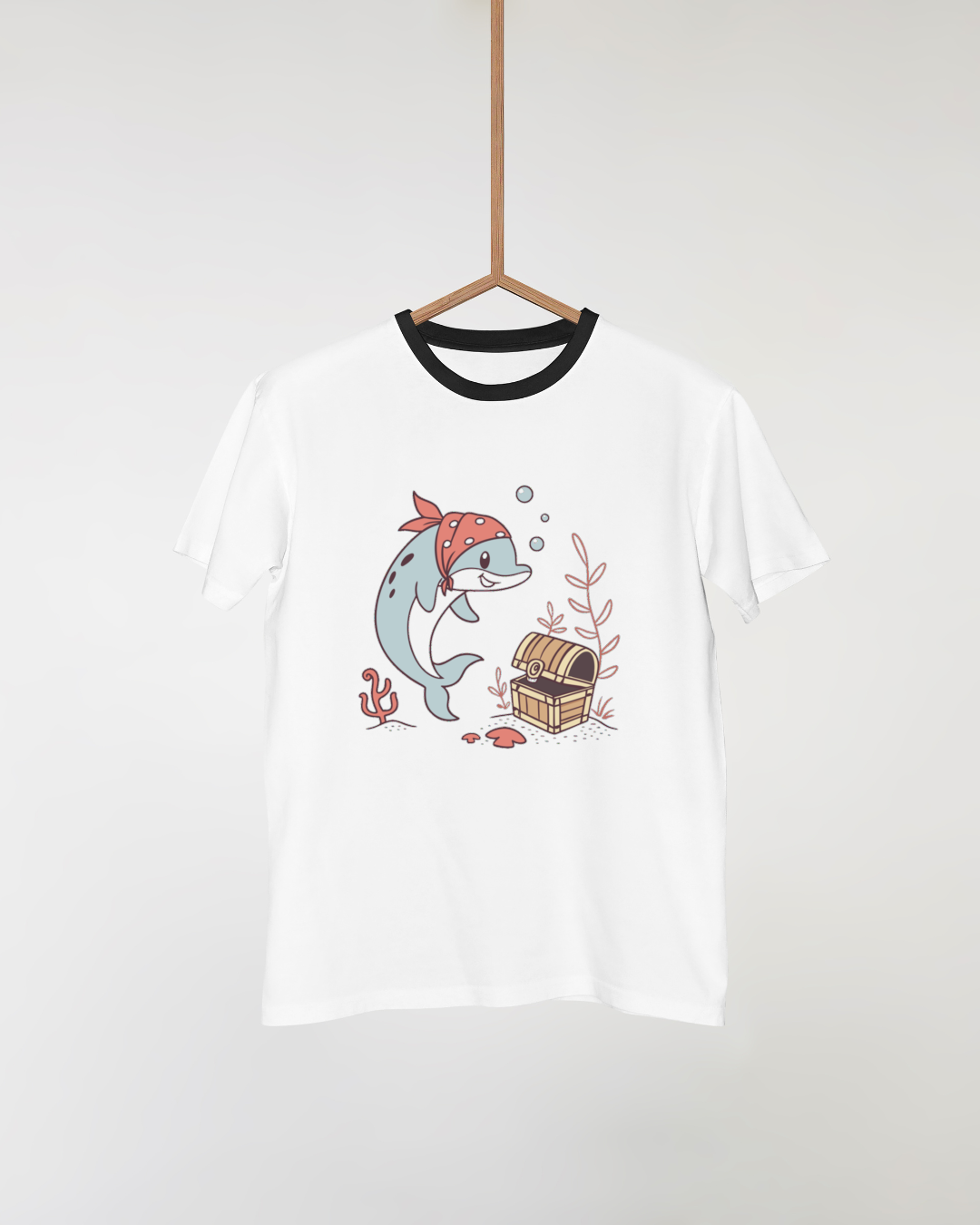 T-shirt animé avec dauphin pirate trésor style kawaii pour aventure marine