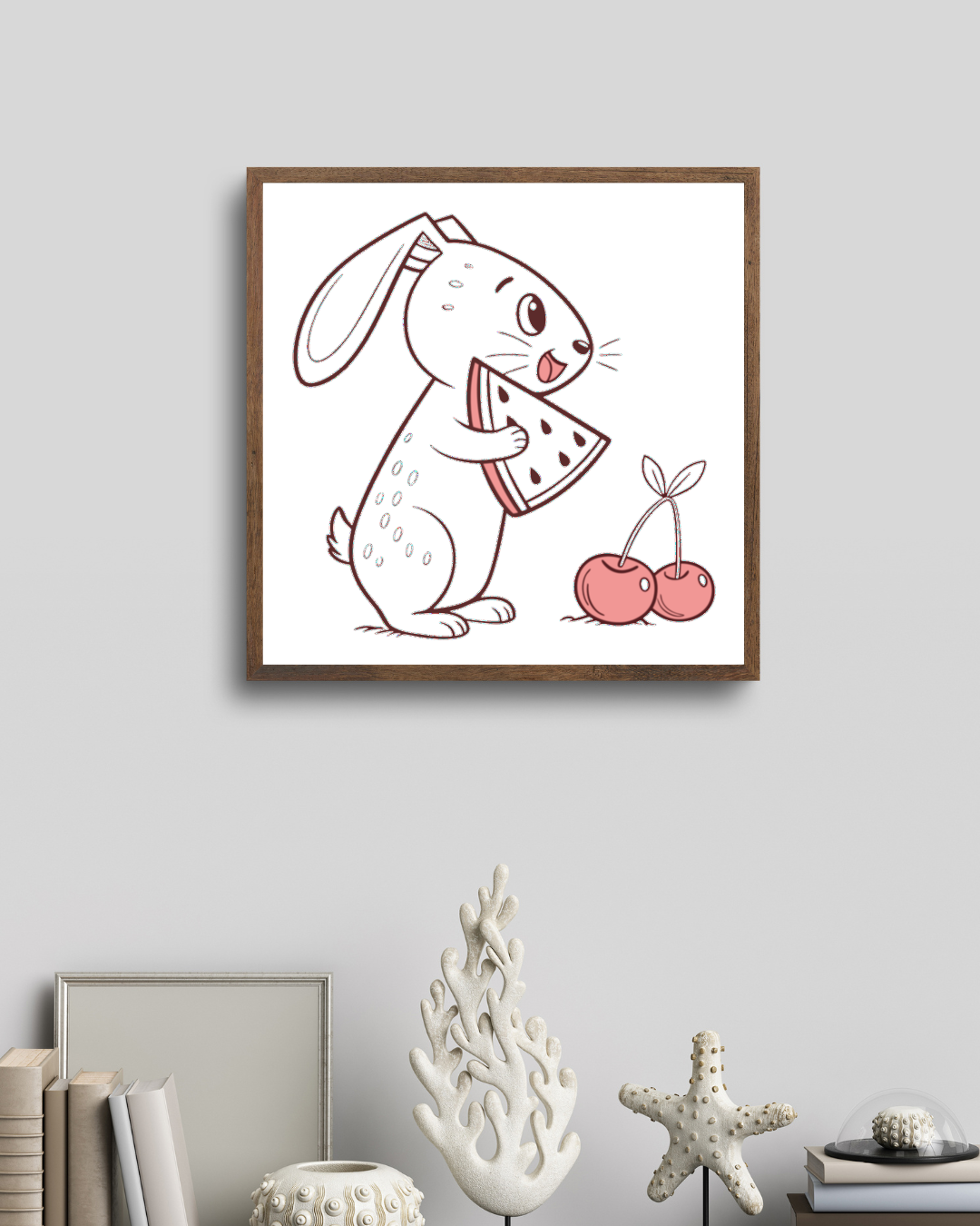 Cadre décoratif avec un lapin Kawaii et pastèque, style printanier coloré