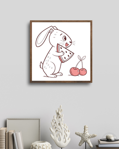 Cadre décoratif avec un lapin Kawaii et pastèque, style printanier coloré