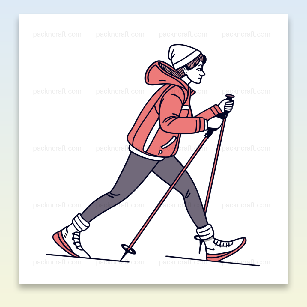 Illustration d'une marchande en ski de fond, style doodle, idéale pour projets hivernaux.