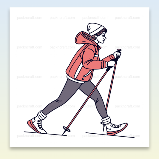 Illustration d'une marchande en ski de fond, style doodle, idéale pour projets hivernaux.
