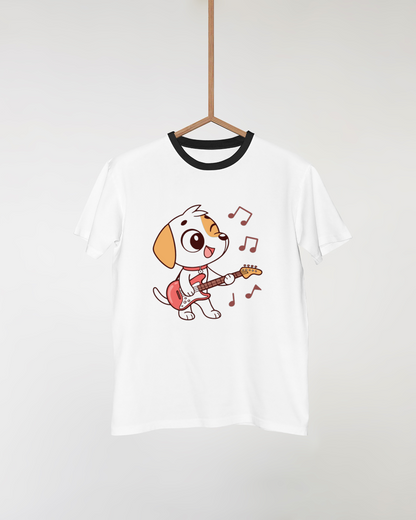 T-shirt avec motif de chien jouant de la guitare style cartoon mignon musical