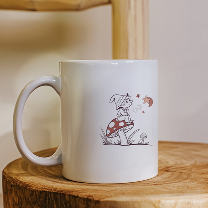 Mug avec lutin rêveur sur champignon en style doodle pour un univers magique
