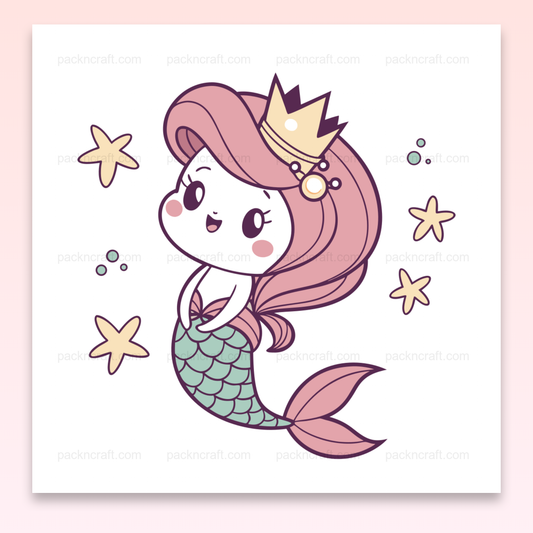 Illustration kawaii de sirène joyeuse entourée d'étoiles de mer et bulles marines