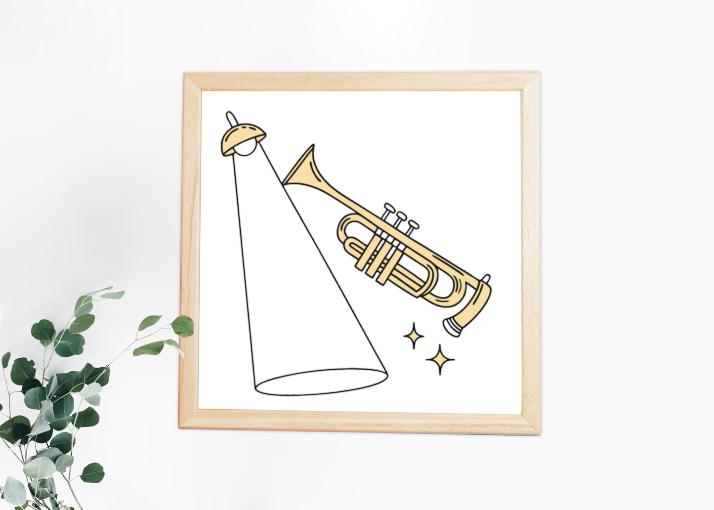 Cadre avec design trompette minimaliste éclairée pour ambiance musicale casual