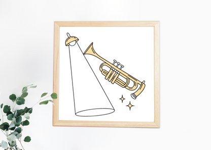 Cadre avec design trompette minimaliste éclairée pour ambiance musicale casual