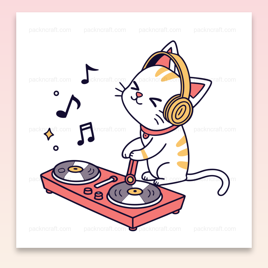Illustration d'un chat DJ mixant, idéal pour projets musicaux.