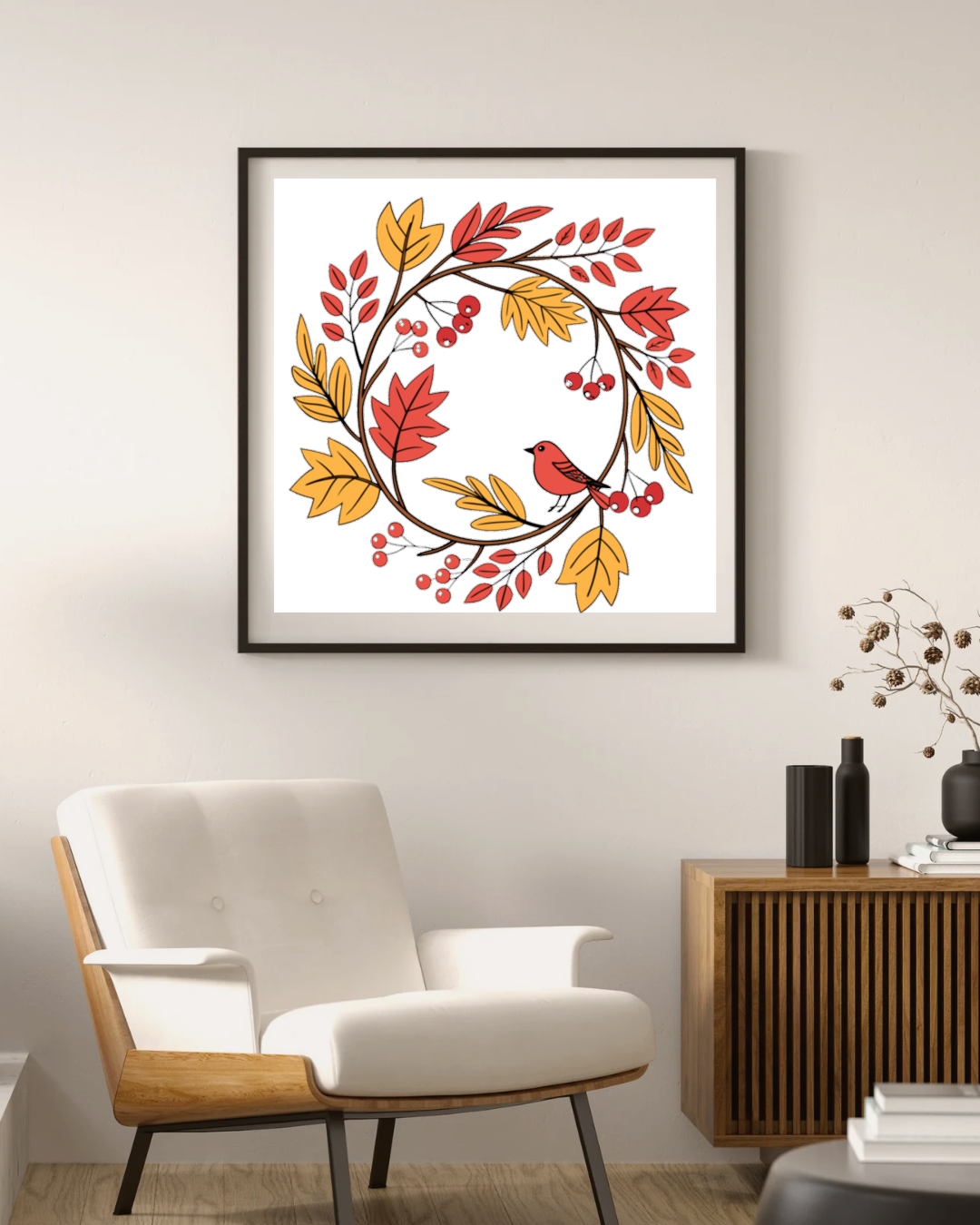 Cadre avec design nature pastel, oiseau dans couronne automnale