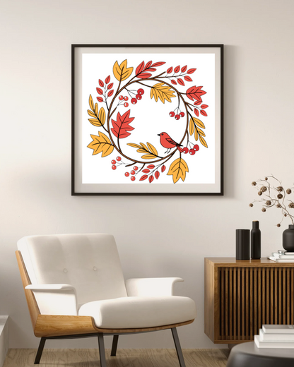 Cadre avec design nature pastel, oiseau dans couronne automnale