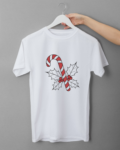 T-shirt orné d'un bâton de Noël et houx au style vintage festif