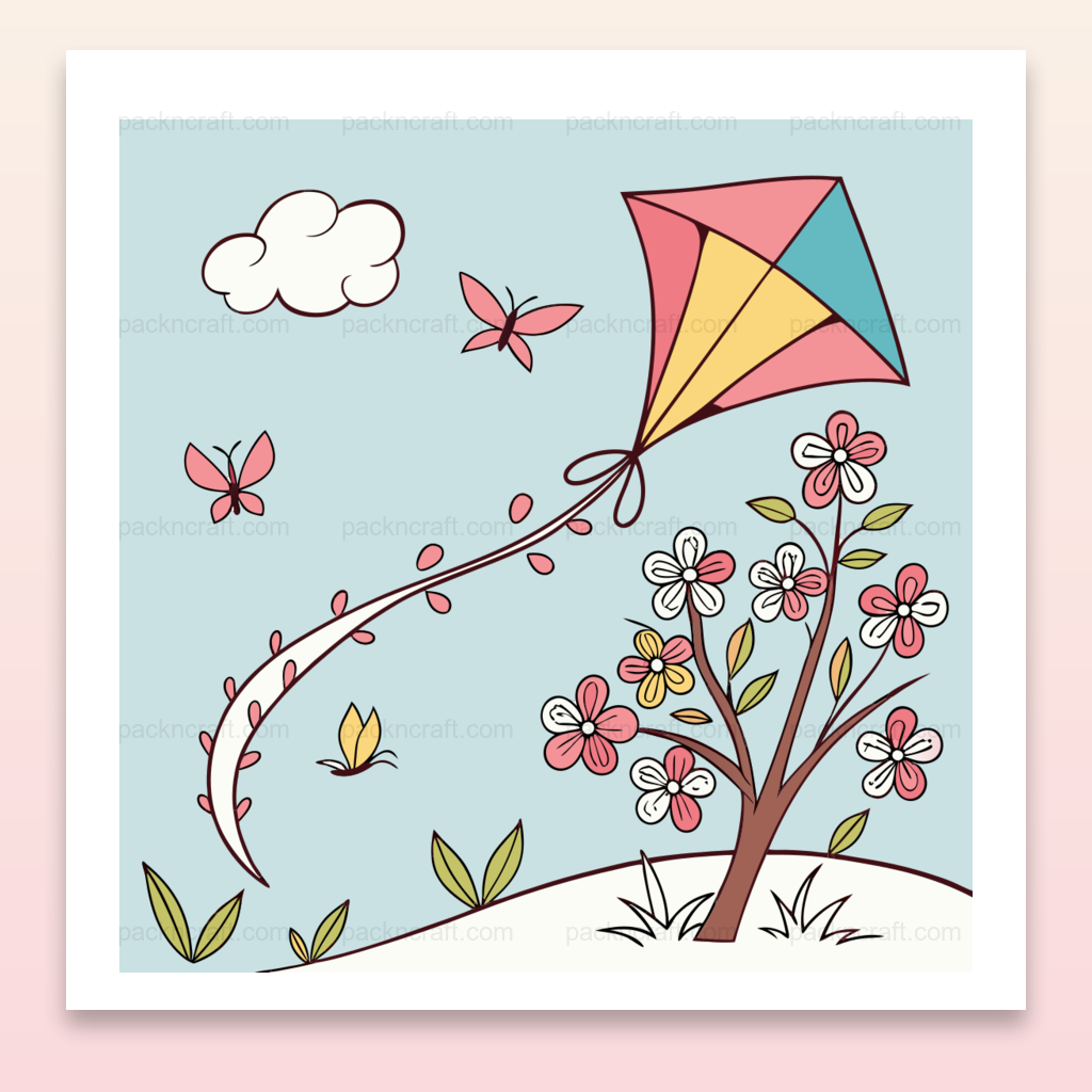 Illustration d'un cerf-volant printanier flottant parmi des fleurs et des papillons, idéal pour DIY et papeterie.