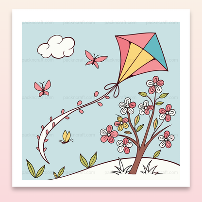 Illustration d'un cerf-volant printanier flottant parmi des fleurs et des papillons, idéal pour DIY et papeterie.