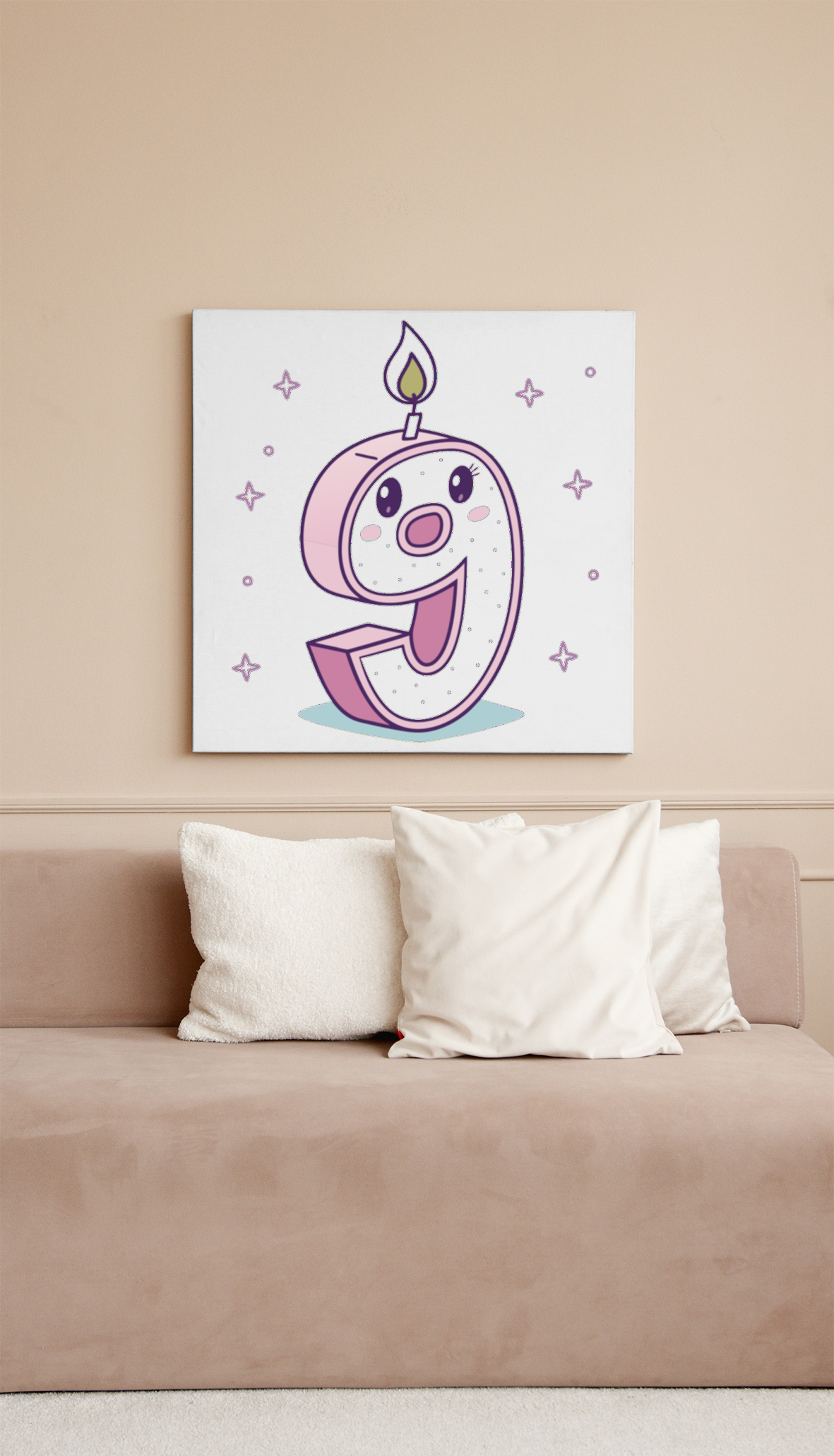 Cadre décoratif avec un chiffre 9 style kawaii, parfait pour décorer une chambre d'enfant.