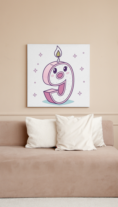 Cadre décoratif avec un chiffre 9 style kawaii, parfait pour décorer une chambre d'enfant.