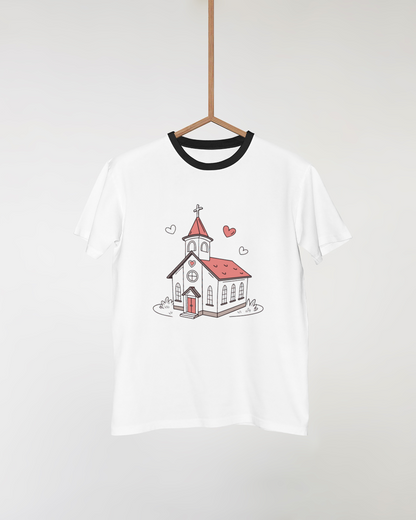 Impression artistique sur t-shirt de chapelle romantique en style vintage.