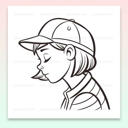 Illustration d'une fille en casquette avec un sourire serein, idéale pour papeterie et projets créatifs DIY.