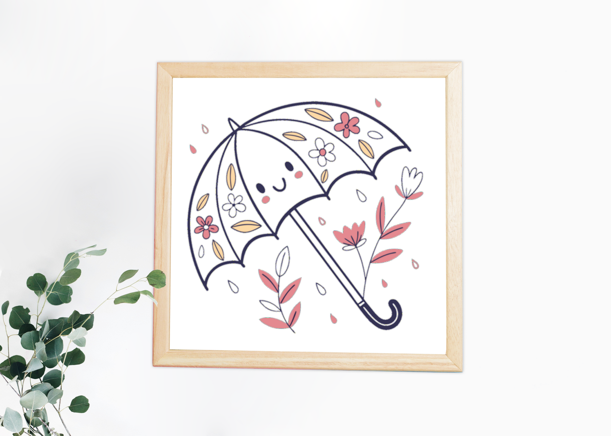 Cadre décoratif avec parapluie souriant sous la pluie en style kawaii printanier