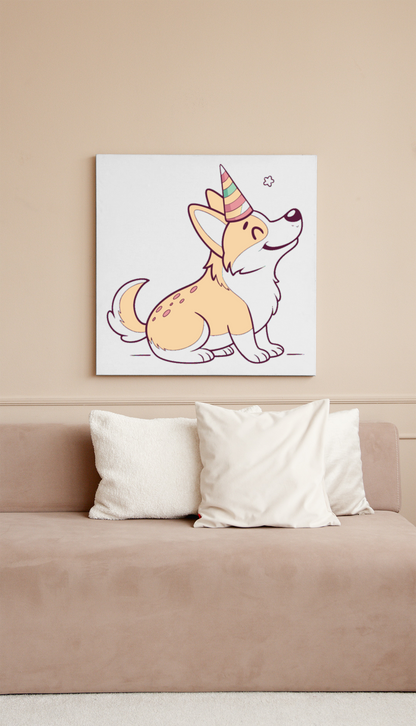 Cadre décoratif avec un corgi joyeux et festif dans des couleurs vives